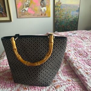 Vintage 90s Talbots bag. Bamboo handles. Black & tan. Leather & silver details